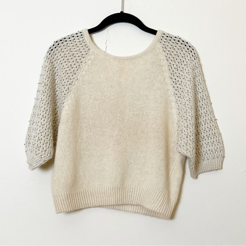 FaBE Vintage Ramie Angora Lambswool Blend Embellished Sleeve Cropped Sweater, MD